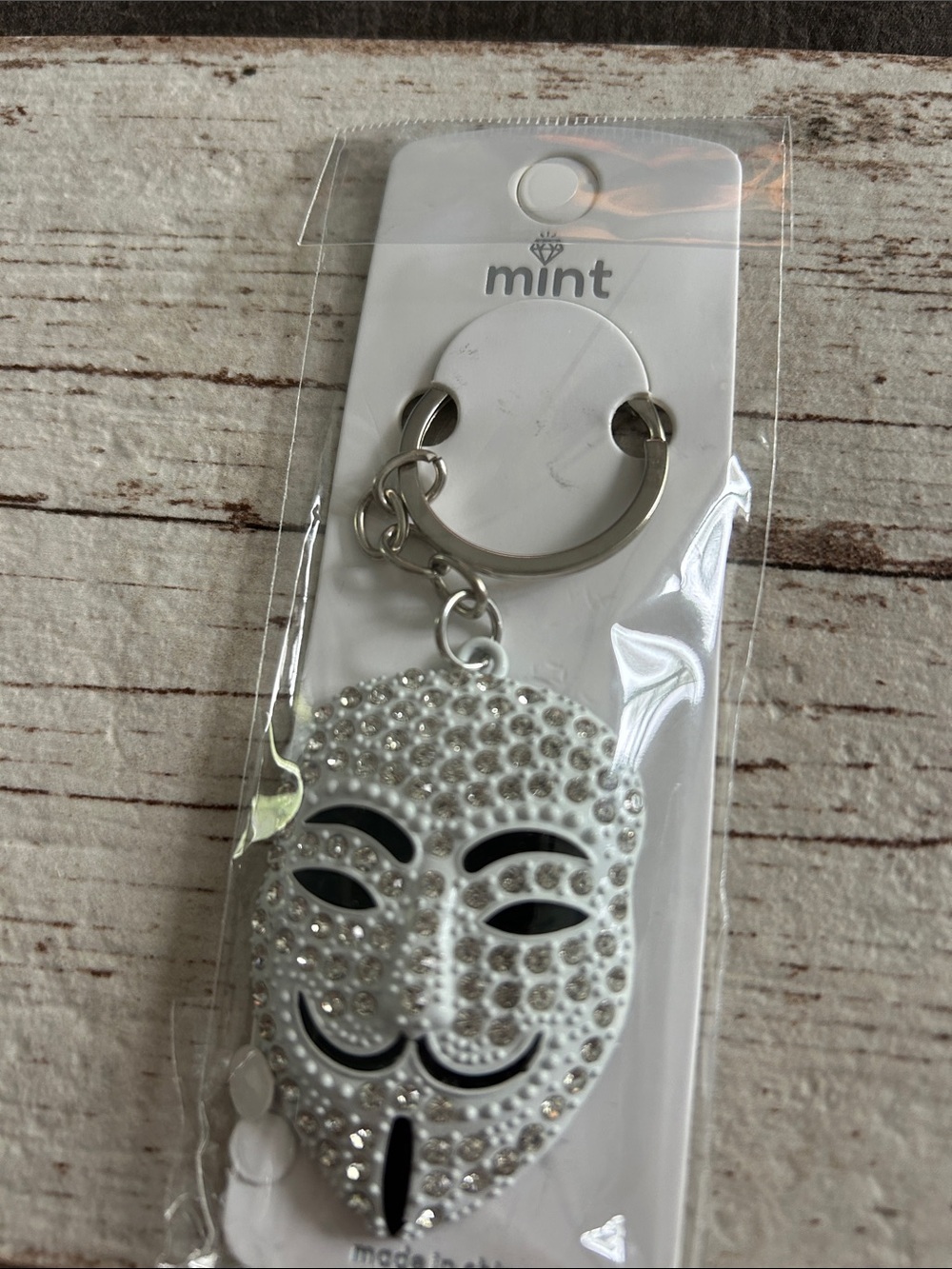 5/$25 Mint White Rhinestone Guy Fawkes Keychain